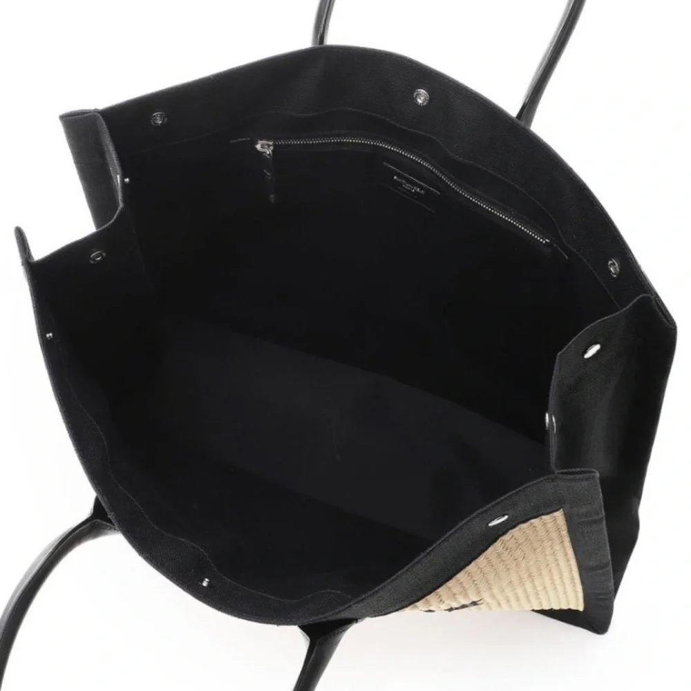 SAINT LAURENT Rive Gauche logo embroidered raffia and leather tote bag - Picture 2 of 4